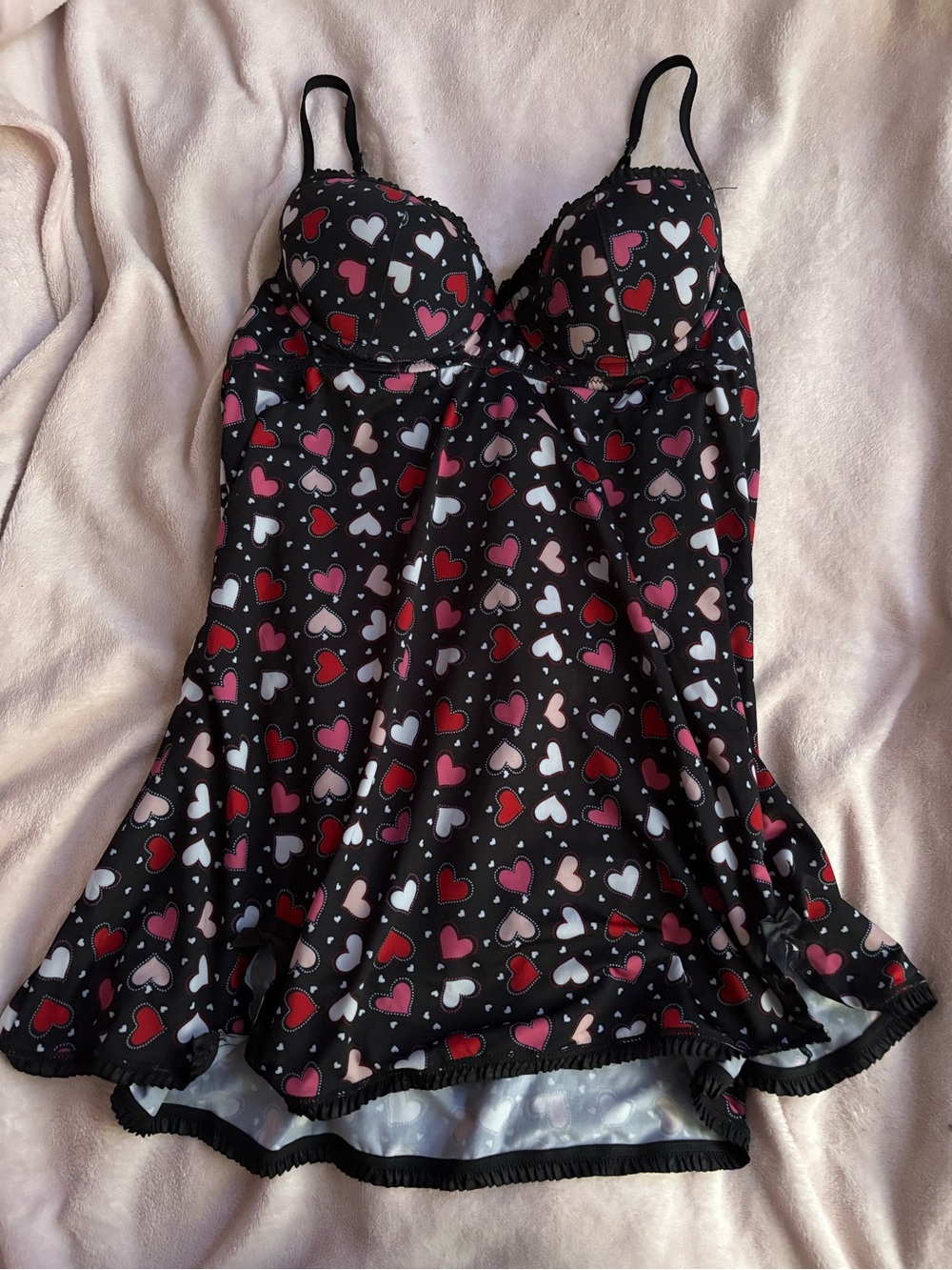 Black Heart-Print Babydoll Lingerie Top - Pink, Red & White Hearts